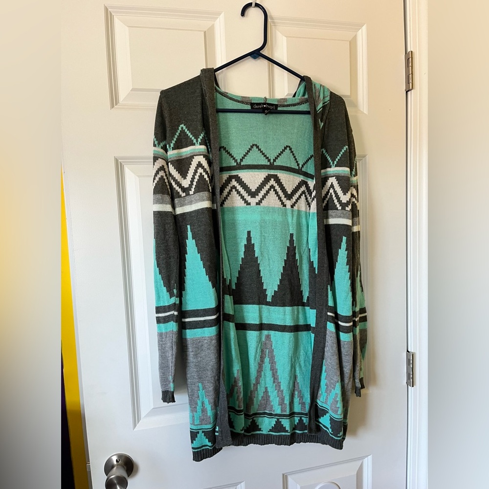 Derek Heart Gray and Green Geometric Cardigan Sweater
